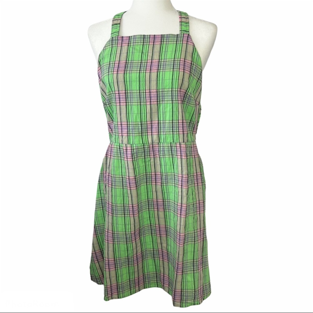 BP. Women’s Green Multi Color Twill Plaid Overall Hi-Low Dress